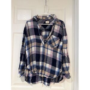 id:23 Women Blue Pink Plaid Rayon Henley Button Down Shirt Small Preppy